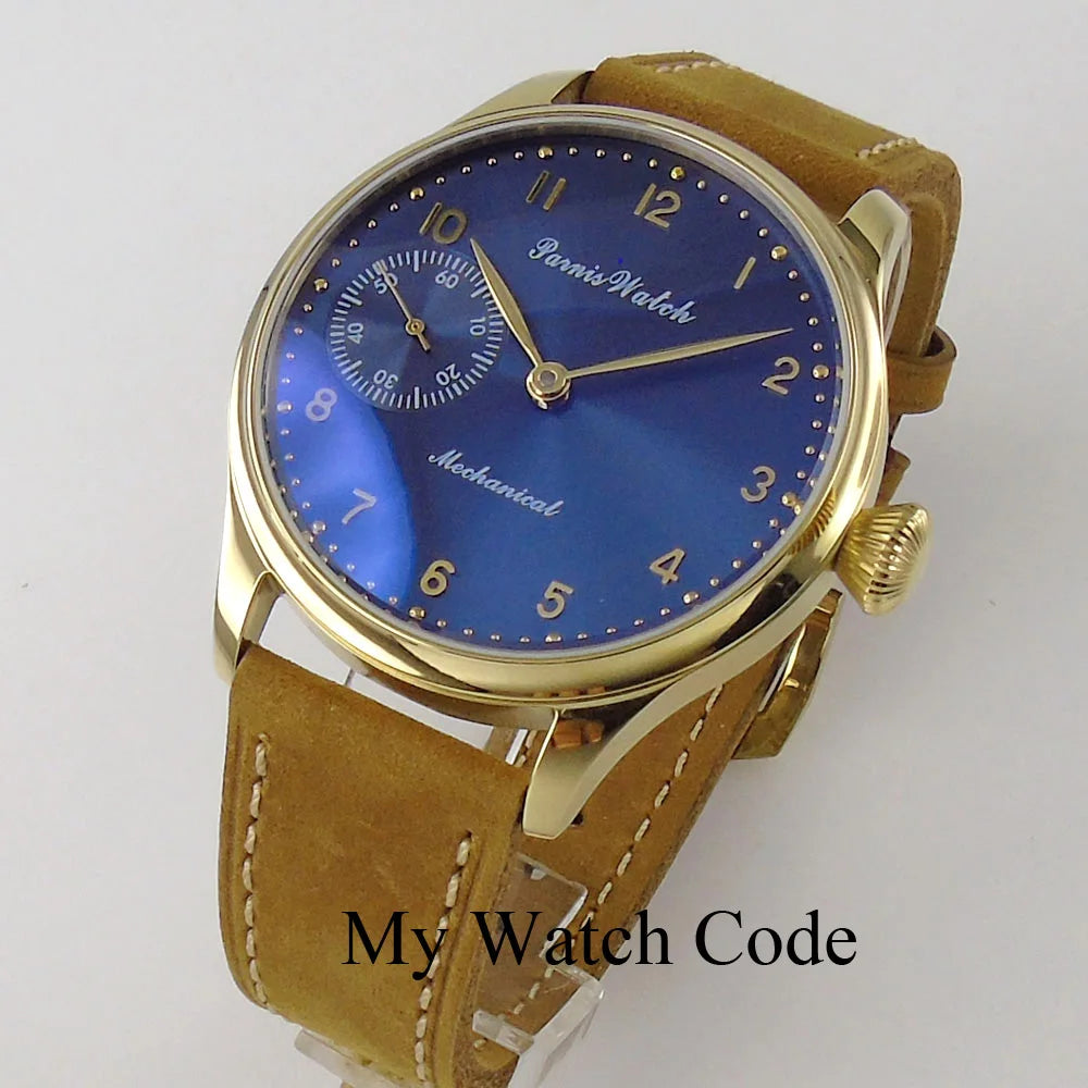 Vintage PARNIS Mechanical Hand Winding Watch Men Gold 44mm Steel Wristwatch Sport 17 Jewels 6497 Movtt Khaki Band Glass Back