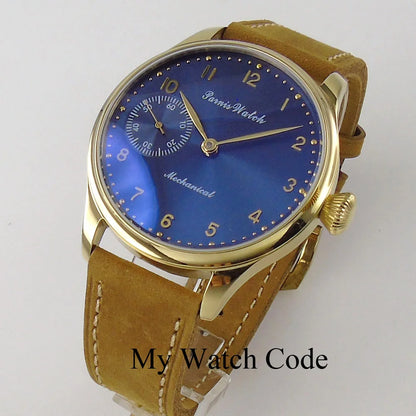 Vintage PARNIS Mechanical Hand Winding Watch Men Gold 44mm Steel Wristwatch Sport 17 Jewels 6497 Movtt Khaki Band Glass Back