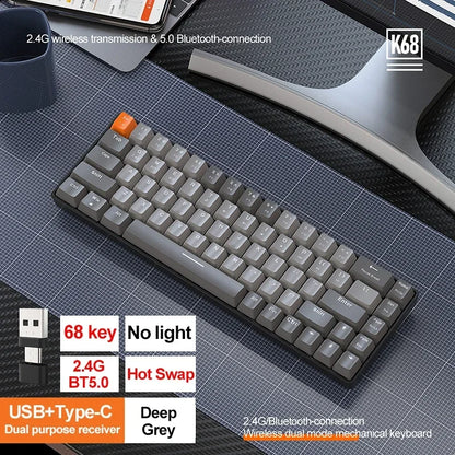 Bezdrôtová herná mechanická klávesnica K68 2,4 G/BT 5.0, 68 klávesov, Hotswap, mini herná mechanická klávesnica, klávesy z PBT, klávesnice s rozložením 65 %