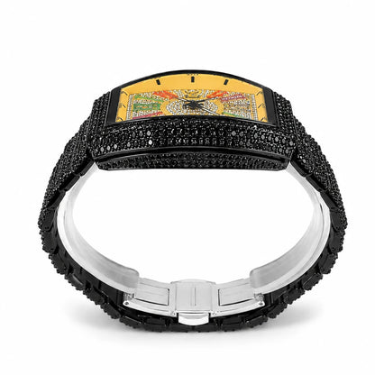 Men's Luxury Barrel-Shaped Quartz Watch With Black Iced Diamond Rainbow Number Dial Luminous Hands Watches For Man Dropshipping