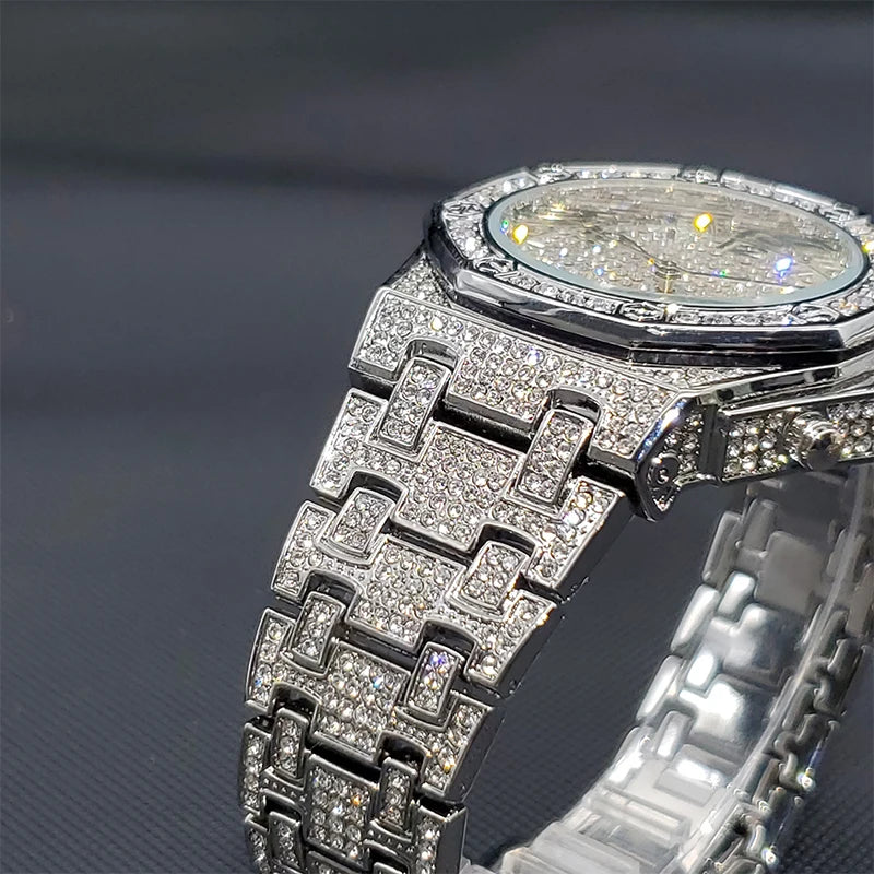 Gold Watches For Men Full Iced Diamond Men's Quartz Watch Luxury Fashion Calendar Wristwatch Dropshipping