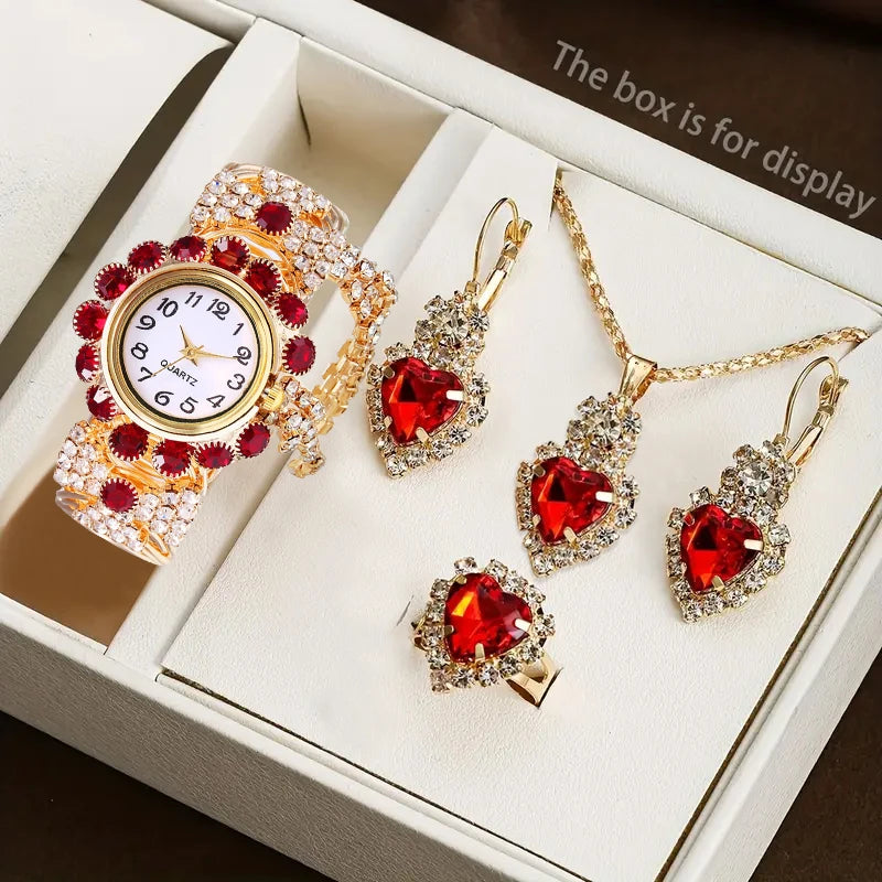 5PCS Luxury Rhinestone Women Watches Jewelry Set Fashion Adjustable Bangle Ladies Quartz Wristwatch Reloj Mujer（Without Box）