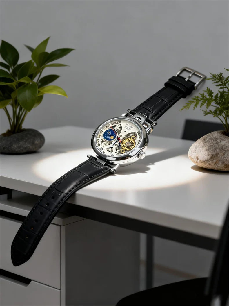 Top Luxury Moon Phase Men's Watches Original Mechanical Leather Men Clock Date Week Hollow Tourbillon Automatic Man Watch
