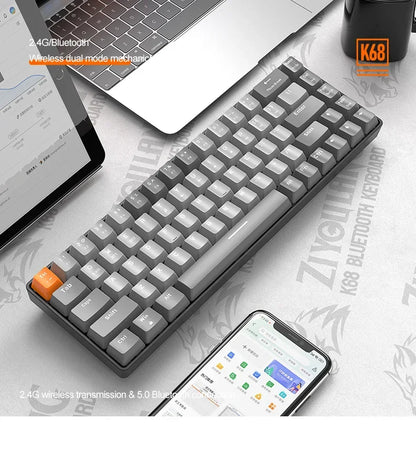Bezdrôtová herná mechanická klávesnica K68 2,4 G/BT 5.0, 68 klávesov, Hotswap, mini herná mechanická klávesnica, klávesy z PBT, klávesnice s rozložením 65 %