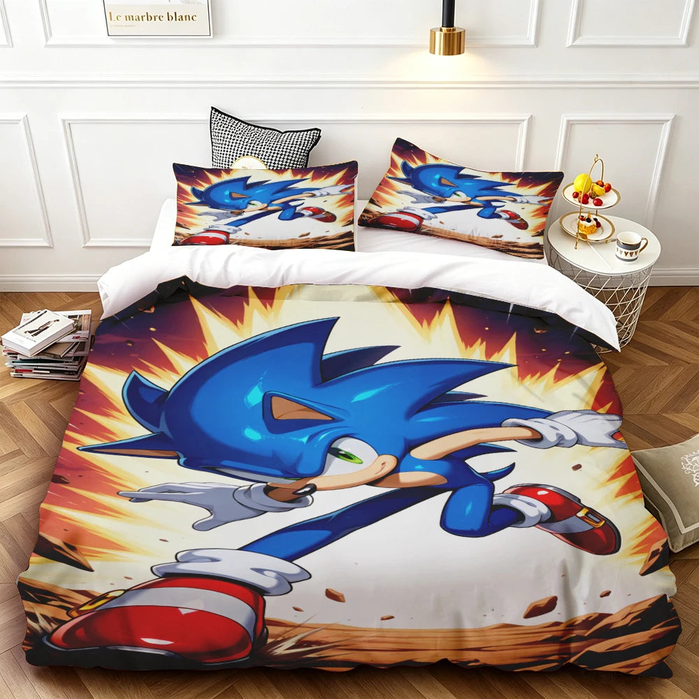 Husă de plapumă Sonic pentru copii – Set de lenjerie de pat cool, husă de plapumă pentru decorul dormitorului, moale și confortabilă – dimensiuni: Twin, Double, Queen și King