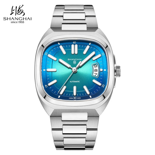 Shanghai Watch Automatic Mechanical Square Dial Men's Watch Luminous Water-Resistant to 50m Date Display Casual Wristwatch SH018