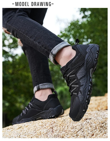 Sapatos de caminhada de marca para homem em malha respirável, calçado de viagem outdoor impermeável para caça e pesca, sapatos desportivos de montanha, todo-o-terreno e equitação