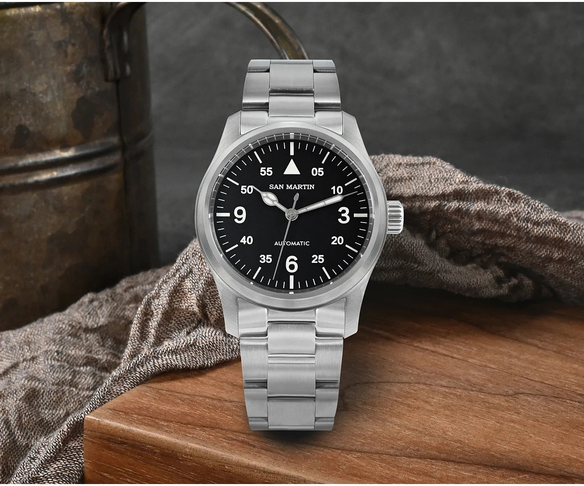San Martin Men Pilot Watch 37mm Miyota 8215 Fashion Simple Style Military Automatic Mechanical Watches 100m Waterproof BGW-9