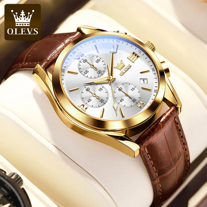 Relógio de pulso cronógrafo para homem OLEVS 2872 – Pulseira em pele, resistente à água, ponteiros luminescentes, movimento de quartzo, estilo desportivo de luxo