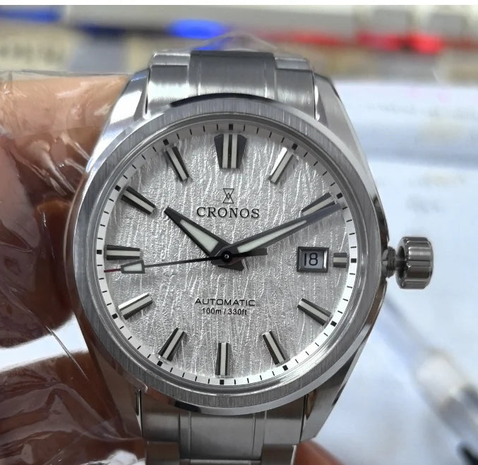Cronos Men Watch 39mm Automatic Miyota 9015 Movement Wristwatches White Dial Birch Pattern Solid Links Sapphire 10 ATM L6040M