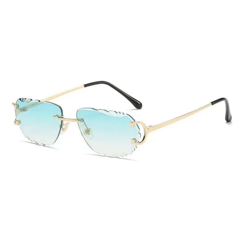 Ochelari de soare retro pentru femei, de marcă, de designer, fără ramă, ochelari de soare la modă, cu lentile tăiate neregulat, ochelari de vedere fără ramă pentru doamne
