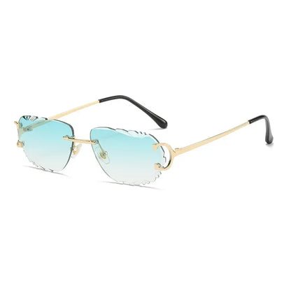 Ochelari de soare retro pentru femei, de marcă, de designer, fără ramă, ochelari de soare la modă, cu lentile tăiate neregulat, ochelari de vedere fără ramă pentru doamne