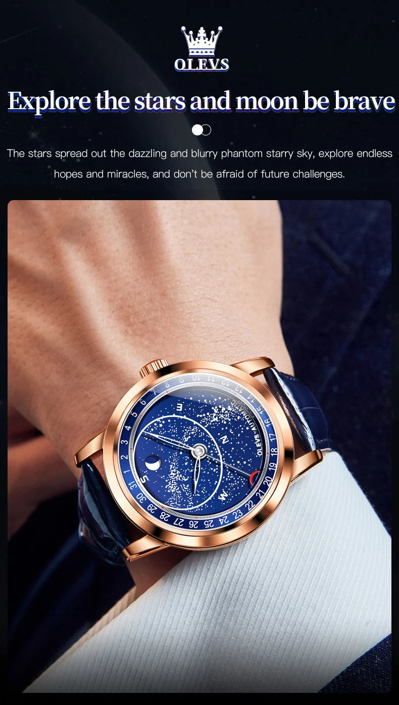 OLEVS 9923 Men's Watches Moon Phase Automatic Mechanical Watch for Man Blue Leather Luxury Dress Waterproof Luminous Wristwatch