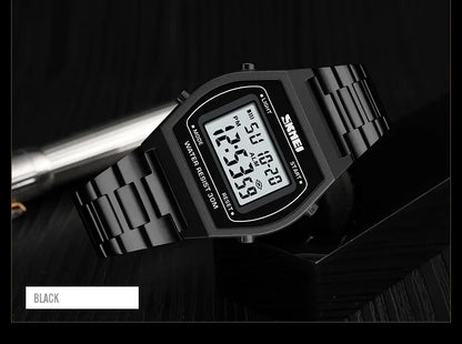 Skmei Unisex Digital Sport's Watches Stainless Steel Strap Led Waterproof 12/24 Hour Format Electronic Alarm Clock