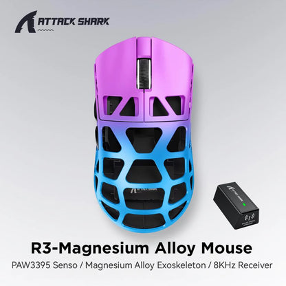 ATTACK SHARK R3 gaming miš od magnezijske legure s honeycomb dizajnom, ultra lagan 8K Hz, PAW3395 senzor, 26000 DPI, ergonomska školjka