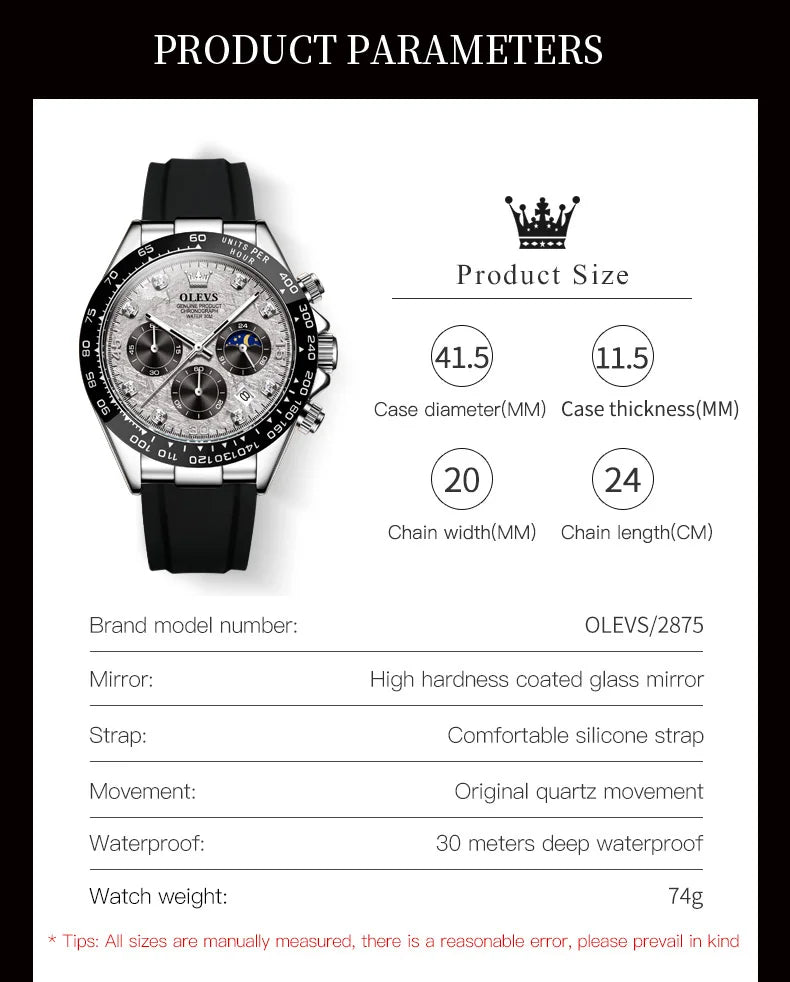 OLEVS 2875 Quartz Watch for Men Original Luxury Brand Silicone Strap Chronograph Auto Date Waterproof Moon Phase Sport Man Watch