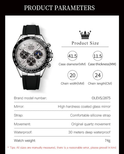 OLEVS 2875 Quartz Watch for Men Original Luxury Brand Silicone Strap Chronograph Auto Date Waterproof Moon Phase Sport Man Watch
