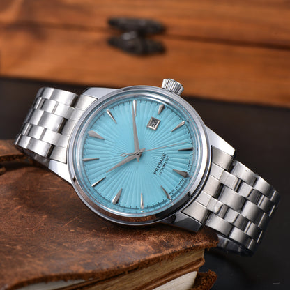 Luxury Retro Men's Self-Winding Automatic Mechanical Watch Radial Sunburst Textured Dial Single Calendar Date Window Polished Stainless Steel Link Bracelet Waterproof Business Dress Male Watch Silver Gold Two Tone Options