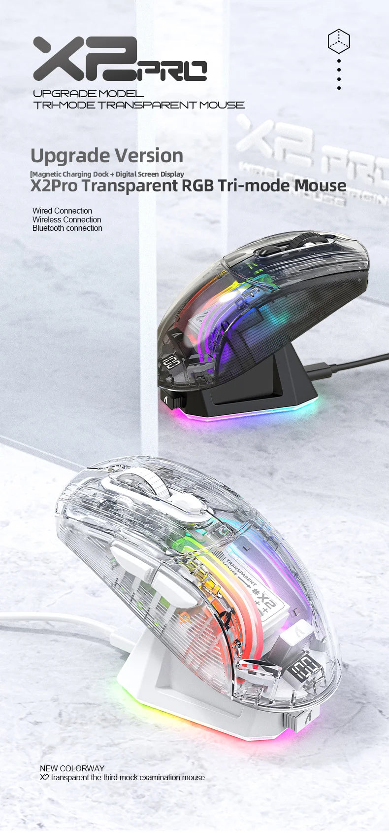 Attack Shark X2PRO Bluetooth Mouse, Tri-Mode, RGB Lights, Magnetic Charging, Transparent, Battery Indicator, Computer Phone