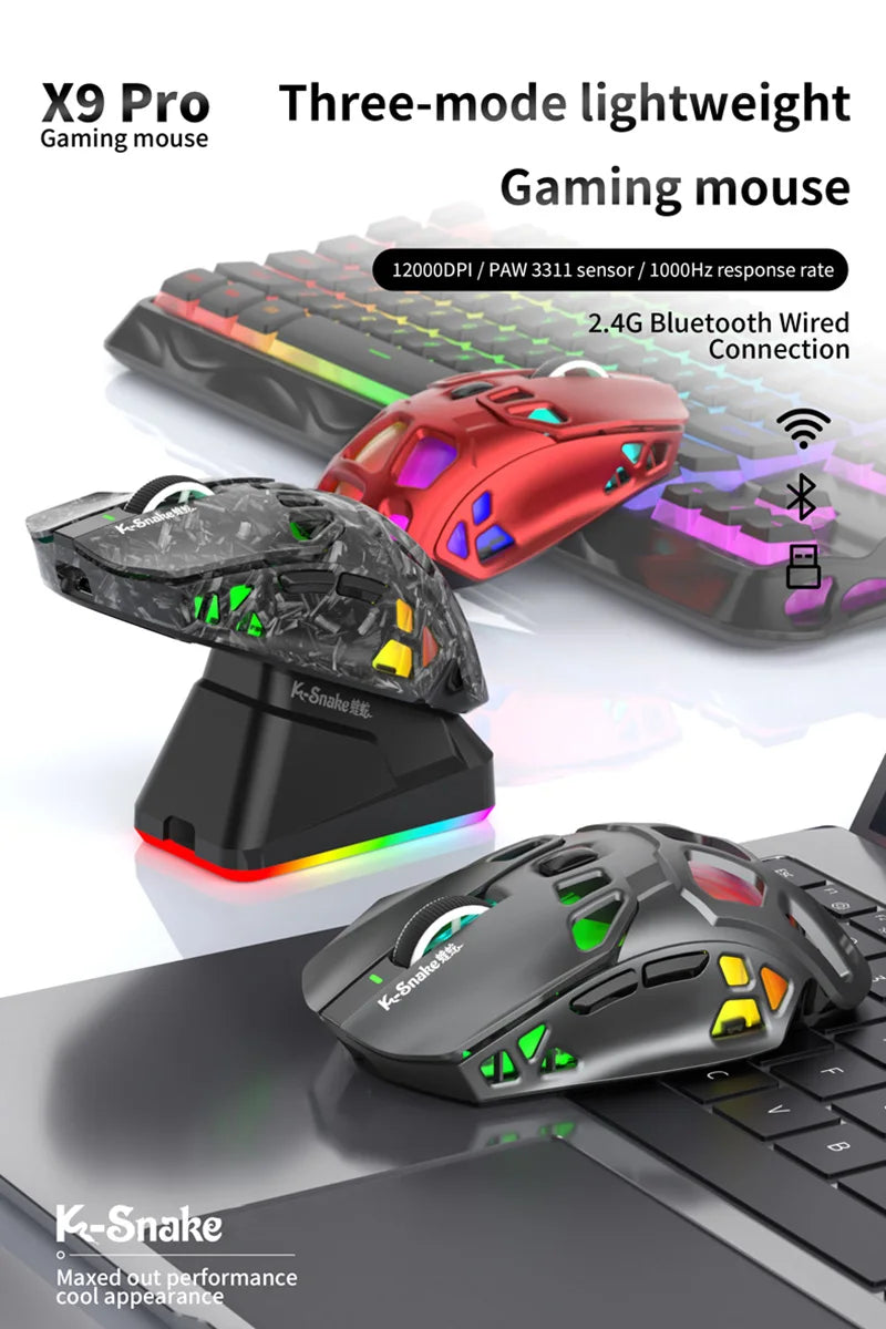 Лека геймърска мишка Lenovo Tri-Mode с RGB зарядна докинг станция 12000DPI 2.4G/Bluetooth/кабелна ергономична мишка за PC и лаптоп