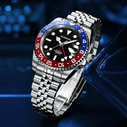 GUANQIN GMT Herrenuhren 2025 Neue Automatikuhr für Herren NH34 Mechanische Armbanduhr Saphirglas Edelstahlgehäuse Linkshänder
