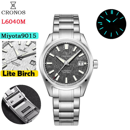 Cronos Men Watch 39mm Automatic Miyota 9015 Movement Wristwatches White Dial Birch Pattern Solid Links Sapphire 10 ATM L6040M