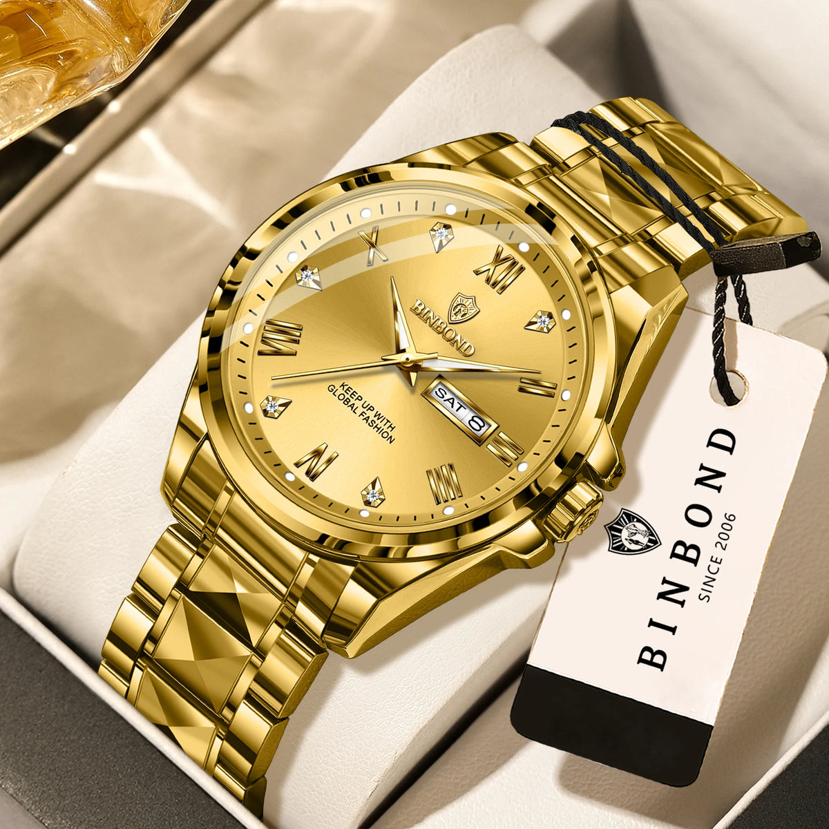 Relógio de pulso de quartzo para homem BINBOND – Estilo profissional, luxuoso, luminoso, robusto e duradouro, estanque, com indicação automática da data e do dia da semana.