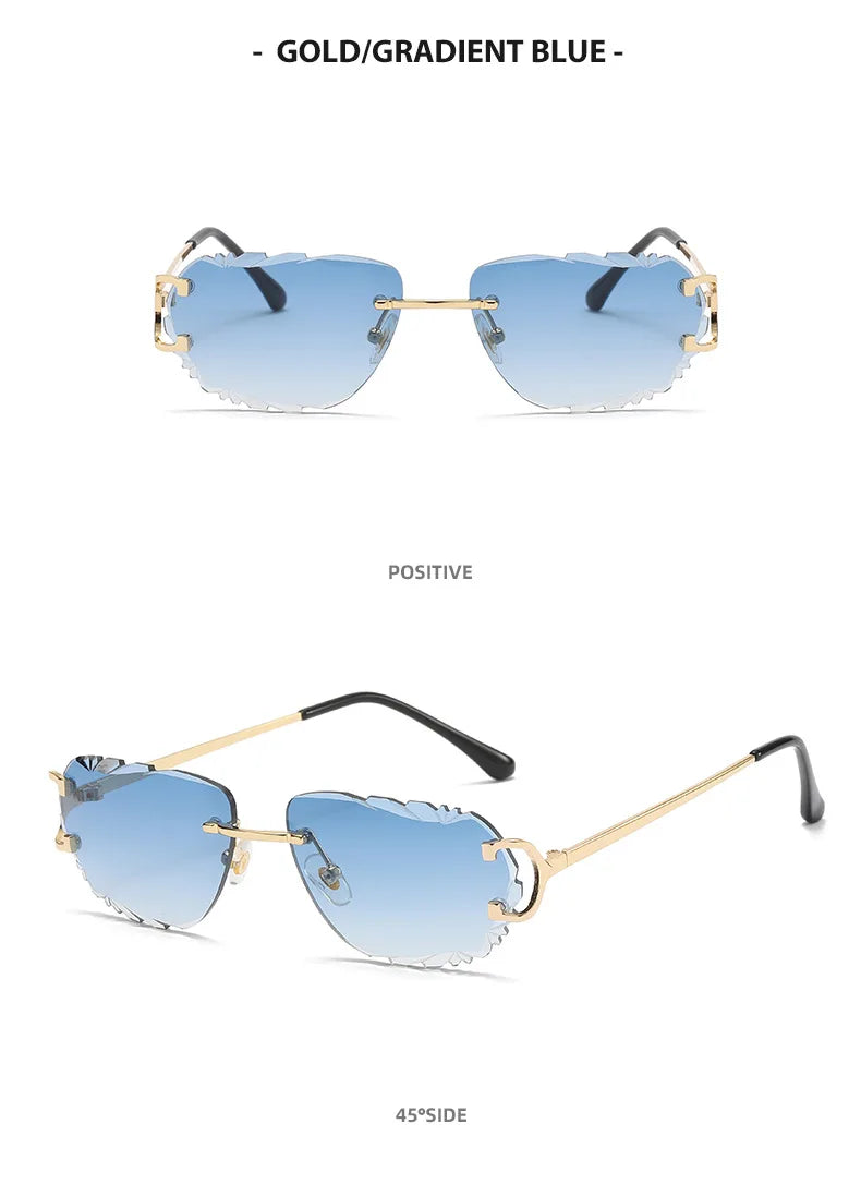 Ochelari de soare retro pentru femei, de marcă, de designer, fără ramă, ochelari de soare la modă, cu lentile tăiate neregulat, ochelari de vedere fără ramă pentru doamne