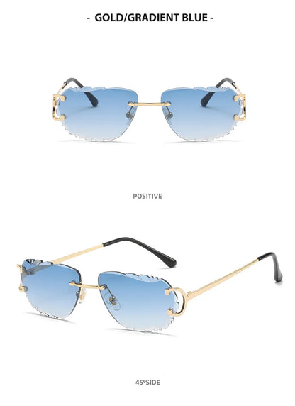 Ochelari de soare retro pentru femei, de marcă, de designer, fără ramă, ochelari de soare la modă, cu lentile tăiate neregulat, ochelari de vedere fără ramă pentru doamne