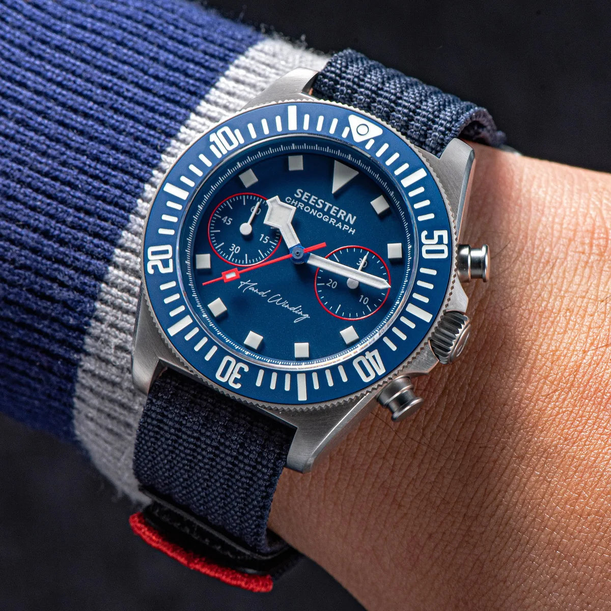 SEESTERN Chronograph Herren-Mechanikuhr Tianjin ST1901 Uhrwerk Saphirglas-Armbanduhr mit Nylon-Klettarmband, Leuchtzeigern und Skelettdesign