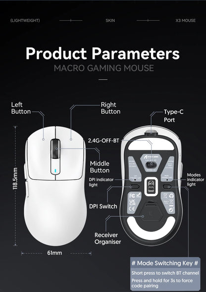 Mouse Gaming Wireless X3 ATTACK SHARK colore rosso, polling rate 4K, connessione Bluetooth tri-mode, PAW3395, mouse gaming Bluetooth con macro