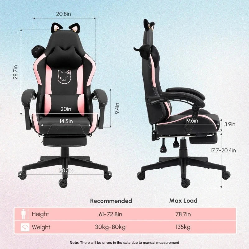 Söt gamingstol med kattöron och fotstöd – rosa kawaii-datorstol, ergonomisk gamer-stol med hög rygg och svankstöd med kattassmotiv