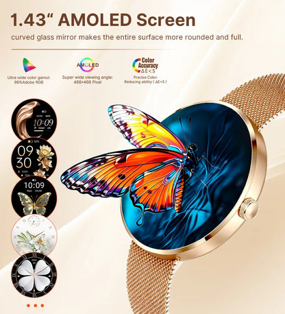 MEVADEN 8.5mm Ultra-thin Luxury Stainless Steel Smart Watch Women 1.43" AMOLED HD Screen Health Monitor Sport Smartwatch H33