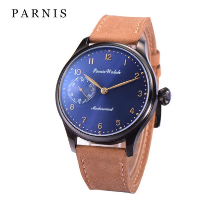 Vintage PARNIS Mechanical Hand Winding Watch Men Gold 44mm Steel Wristwatch Sport 17 Jewels 6497 Movtt Khaki Band Glass Back
