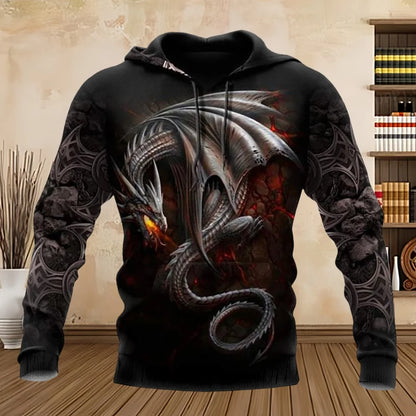 Sudadera con capucha unisex de manga larga para primavera y otoño, con estampado 3D de dragón estilo tatuaje, estilo streetwear casual para hombre