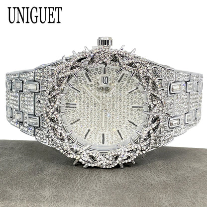 UNIGUET Luxury Full Diamond Watch For Men Fashion Hip Hop Ice Qut Bling Jewelry Quartz Wristwatch For Man Dropshipping