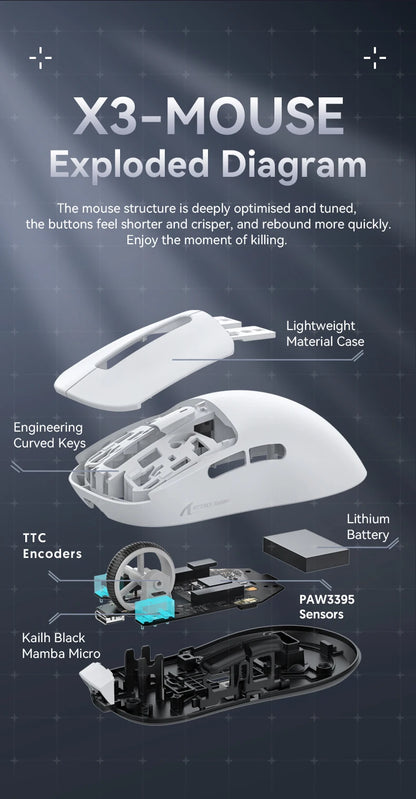 Mouse Gaming Wireless X3 ATTACK SHARK colore rosso, polling rate 4K, connessione Bluetooth tri-mode, PAW3395, mouse gaming Bluetooth con macro
