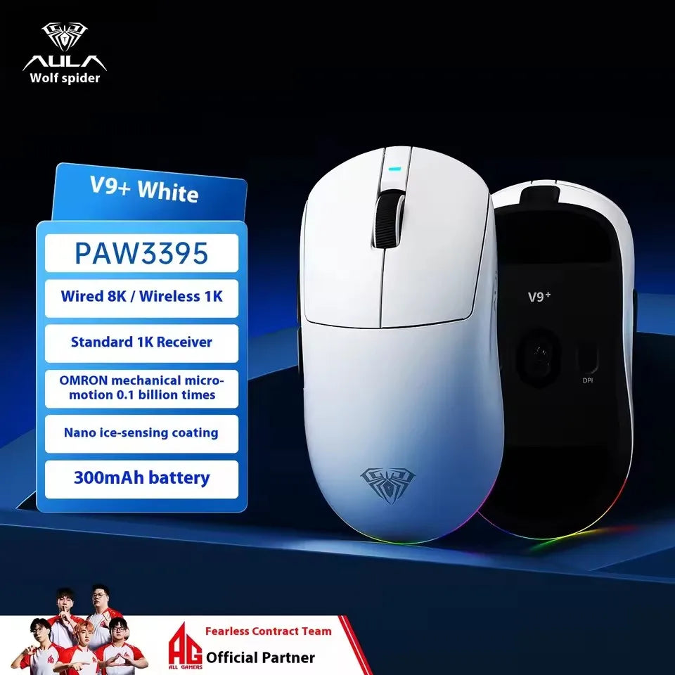 Aula V9 Ultra bezdrátová e-sportovní herní myš, duální 8k, 3 režimy, PAW 3950, 8k, 55g, lehká ergonomická myš, zakázkové příslušenství k PC