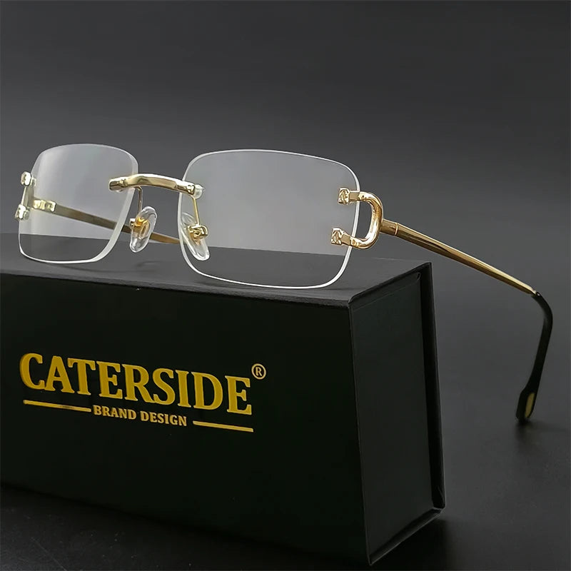 CATERSIDE Ochelari de soare dreptunghiulari albaștri pentru bărbați, ochelari de soare pătrați fără ramă din metal, la modă, pentru femei, cu lentile degradate, ochelari de exterior, UV400
