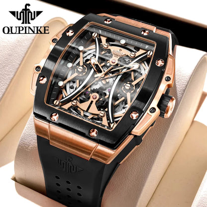 OUPINKE Men's Watches Classic Luxury Tonneau Dial Top Brand Original Automatic Mechanical Wristwatch Silicone Strap Sapphire New