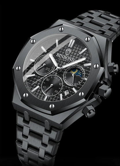 BINBOND Top Brand Man Quartz Watch Luxury Luminous Chronograph Wristwatch Stainless Steel Waterproof Men Date Calendar Clock