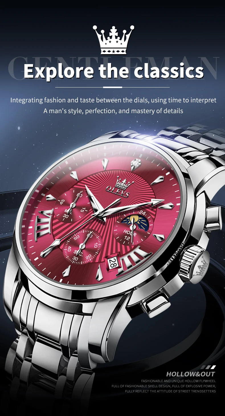 OLEVS Brand Fashion Red Watch for Men Luxury Sport Waterproof Stainless Steel Chronograph Quartz Watches Relogio Masculino