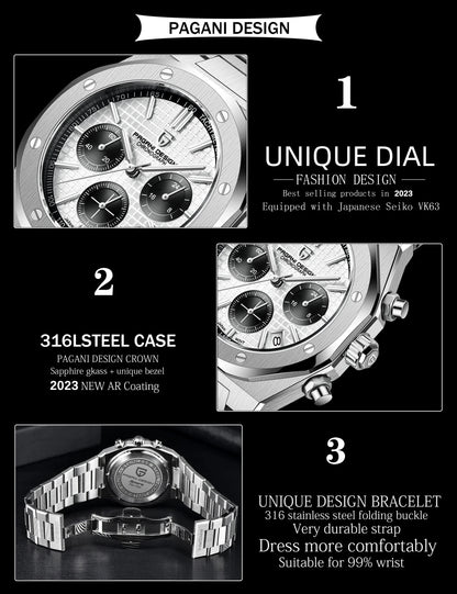 2025 PAGANI DESIGN PD1707 Mens Quartz Wristwatches 40MM Stainless Steel Sapphire Glass Waterproof Luxury Clock Gift Reloj Hombre