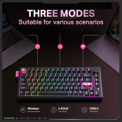Onikuma 2025 New Mt706 Rgb Gaming Mechanical Keyboard 2.4g/ Wired/Bt, 81-Key Pbt Rgb Gaming Keyboard