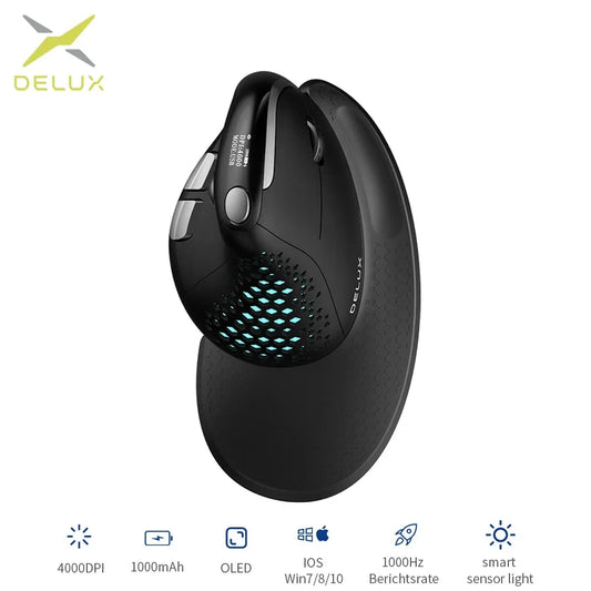 Delux M618XSD Seeker ergonomická vertikálna myš s OLED obrazovkou, 4000DPI, nabíjateľná, 1000mA, odnímateľný zadný kryt pre počítač