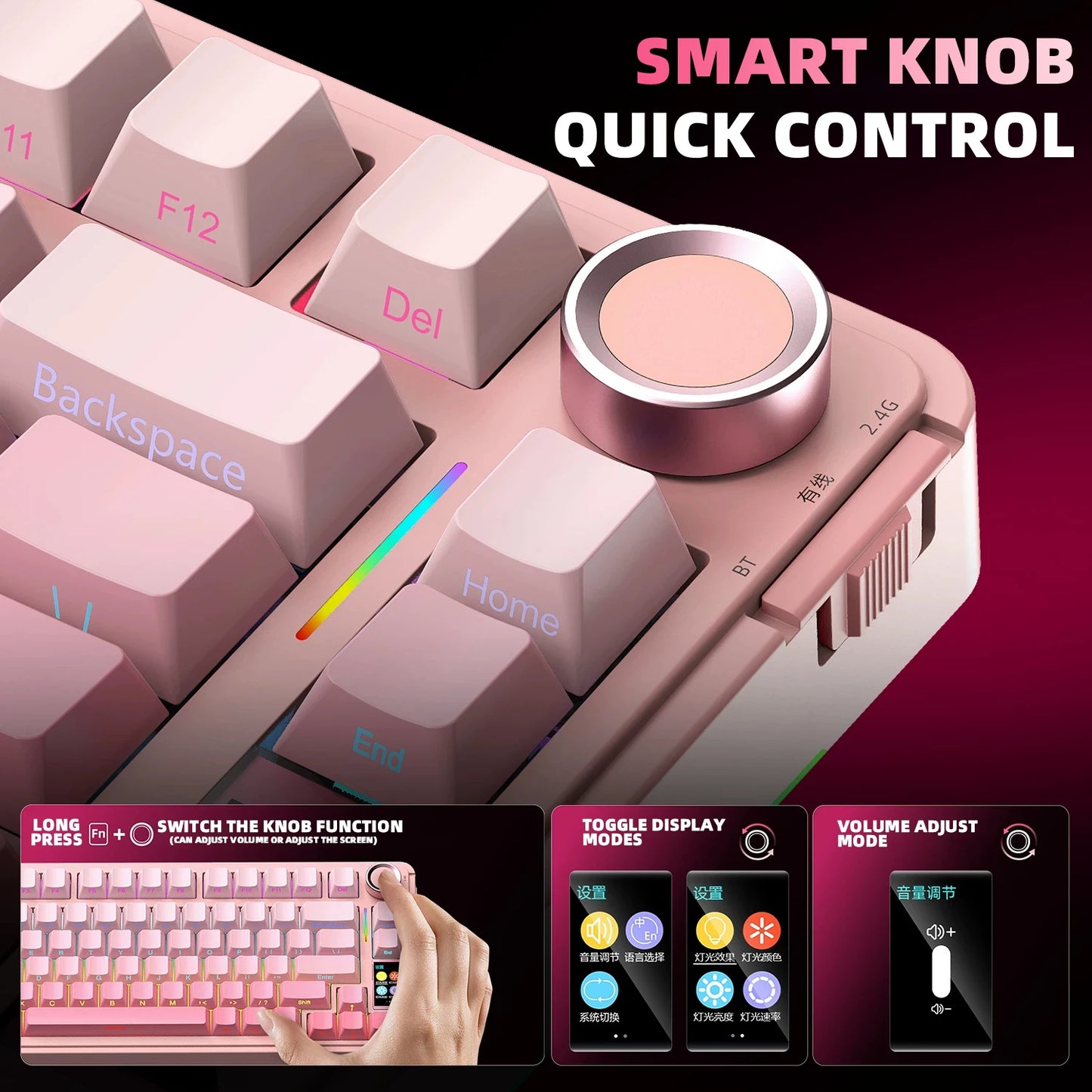 Teclado Mecânico AULA S75 PRO 75% Layout Personalizado Retroiluminação RGB Sem Fios Bluetooth Gaming com Ecrã e Botão Rotativo