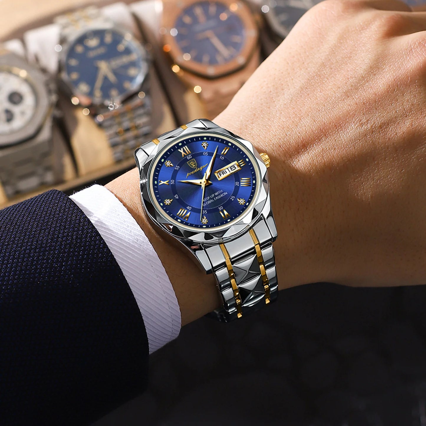 POEDAGAR Luxury Business Men's Watches Waterproof Stainless Steel Luminous Man Wristwatch Date Week Quartz Sport Men Watch Reloj