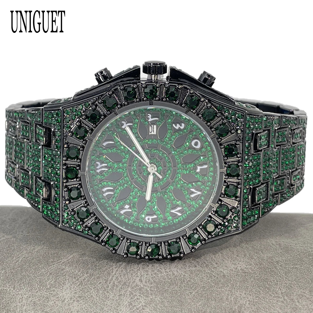 UNIGUET Hip Hop Wristwatch For Men Luxury lce Out Full Diamond Watches Fashion Green Watch Waterproof Clock Man 2026 Hot Sale