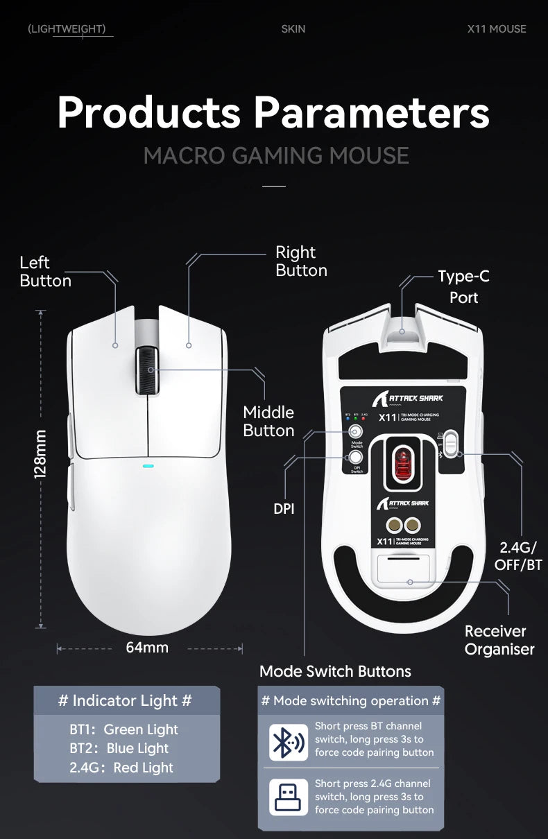 Mouse wireless Attack Shark X11&R1 Tri Mode Bluetooth con base di ricarica RGB, ergonomico e leggero, accessorio per PC gamer
