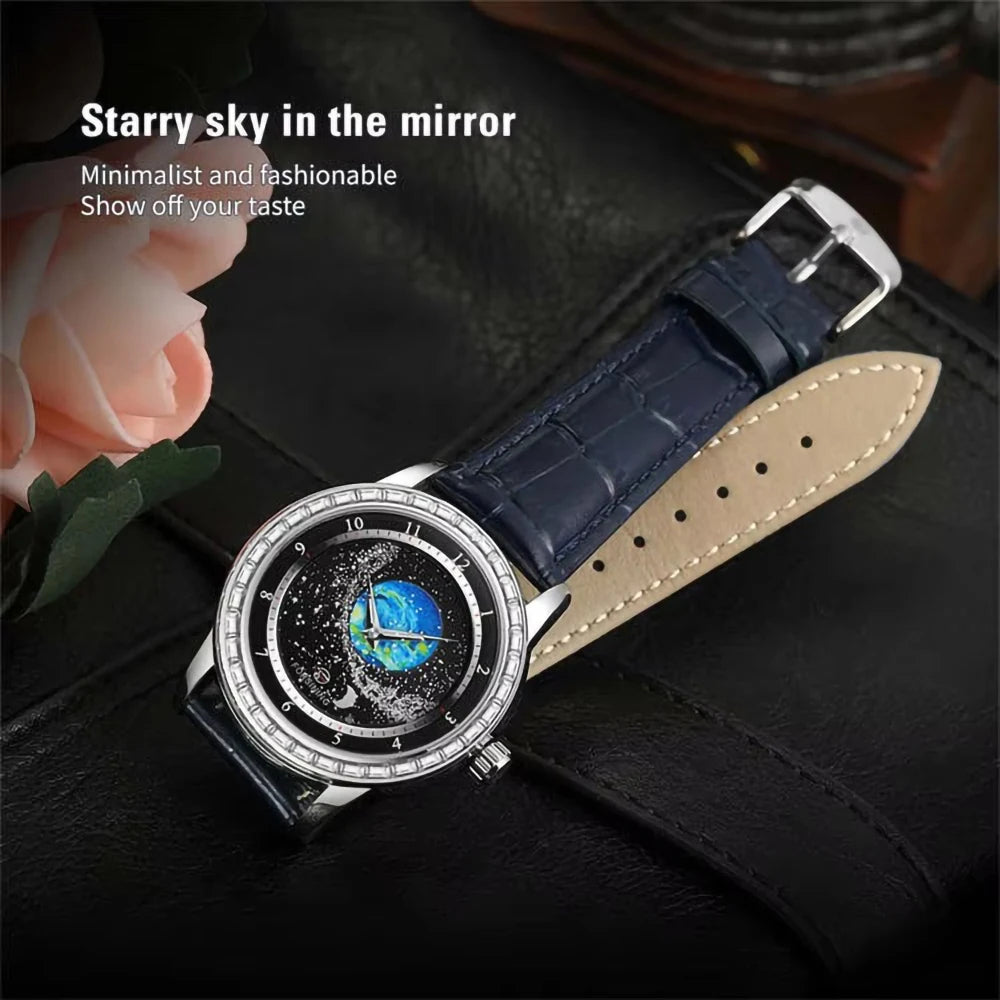 FORSINING Luxury Mens Automatic Mechanical Watch,Earth Star Moon Starry Milky Way Rhinestone Dial Leather Strap,3ATM Waterproof